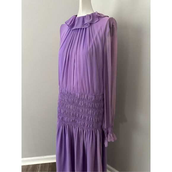 Adam Lippes Semi Sheer Silk Chiffon Ruffle Long-Sleeve Midi Dress Violet 10 $289 - Picture 11 of 14